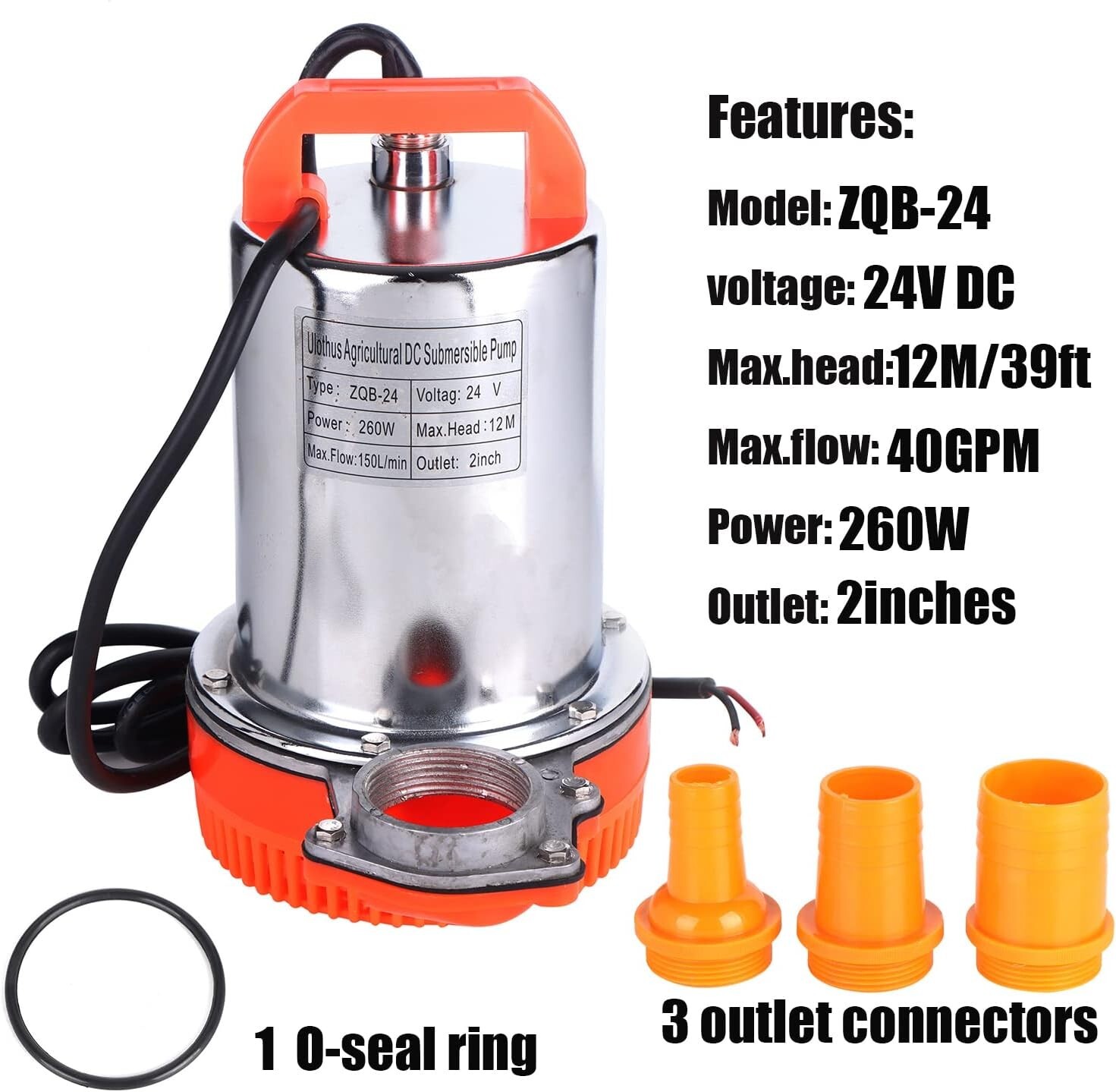 24VDC Submersible Stainless Steel Submersible Pump 40 GPM  Max head 39ft 2