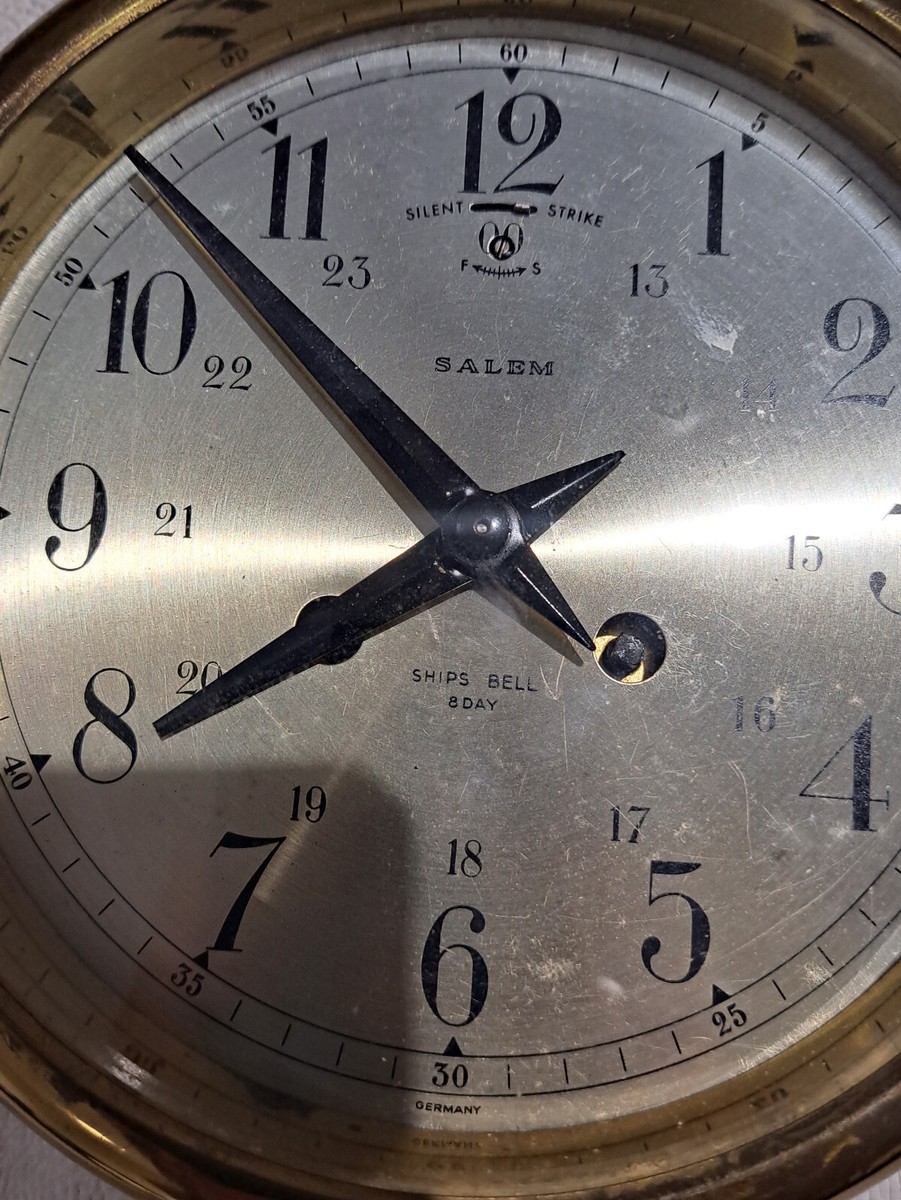 Salem Ship's Bell Day Silent Strike Clock w/key and 23