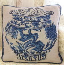 13" Vintage Needlepoint Chinoiserie Pillow Cover Blue White Floral Urn