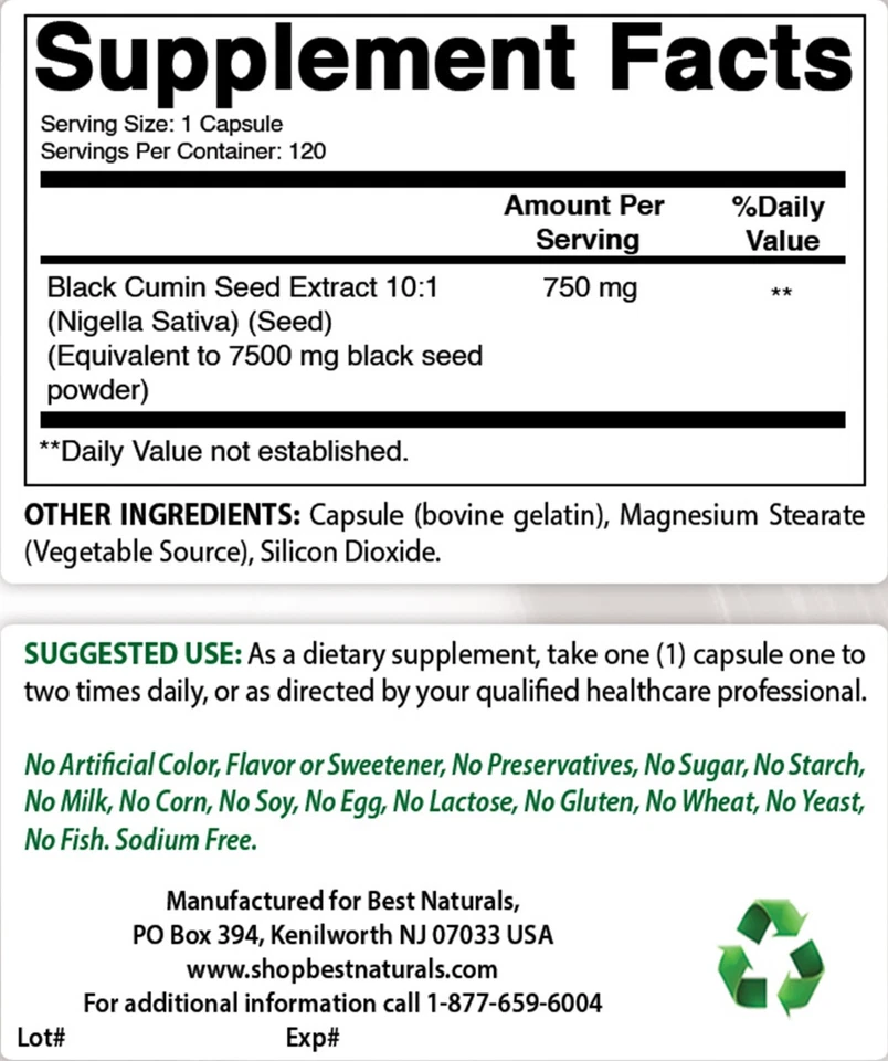 Best Naturals Black Seed (Black Cumin Seed Extract 10:1) 7500 mg Equivalent- 120 - Image 2 of 4
