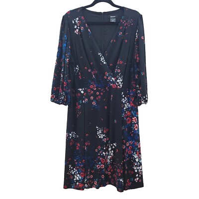 DKNY Faux Wrap Belted Size 16 Dress Black Floral Print Stretch
