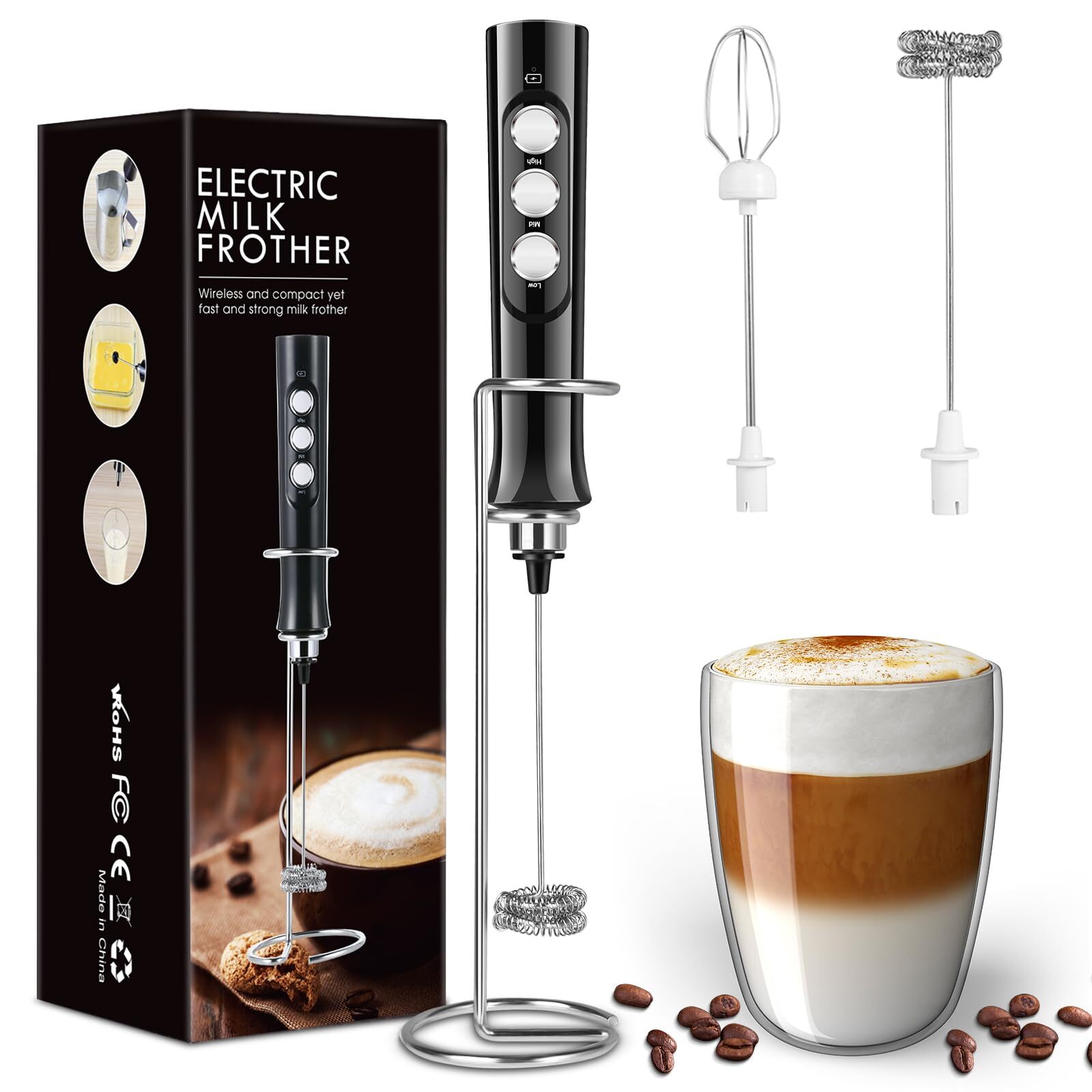 Rechargeable Milk Frother Handheld for Coffee, Stirrers Electric Whisk with W...