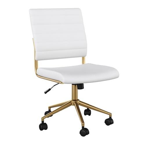 Ivy Armless Swivel Task Chair for Home White Faux Leather/Polished Brass