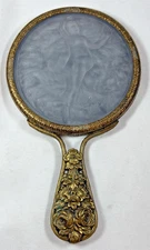 Antique Victorian Hand Mirror - Brass Floral Handle, Nude Woman, Elba Souvenir?