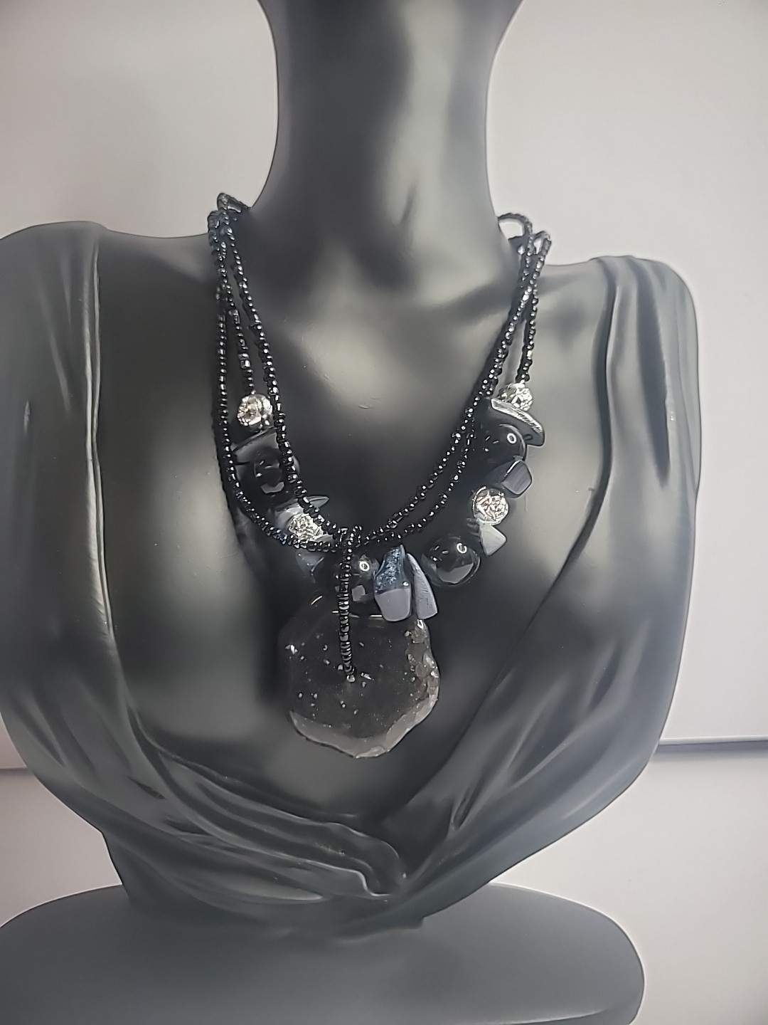 Vintage Beaded Multi Strand Necklace Silver Tone Black Gray Jewelry Costume