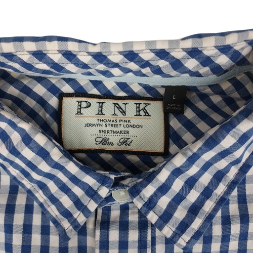 Thomas Pink Hemd Herren Large Slim Fit Knopfleiste Blau Weiß Kariert Langarm - Bild 4 von 8