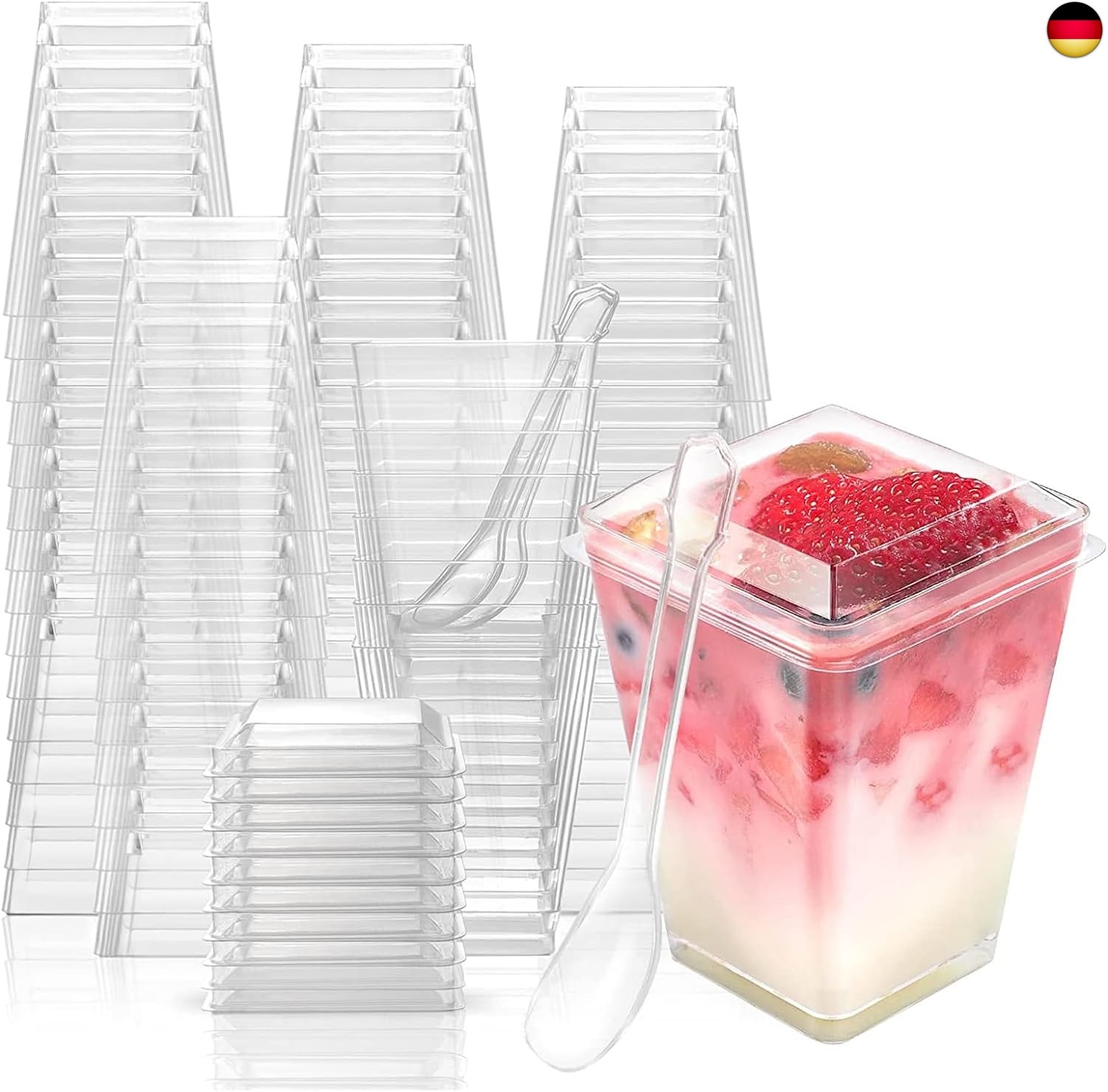 50 Stück Mini Desserttassen mit Deckel und Löffeln, 5oz/150ml Dessertgläser Pl