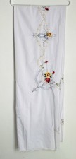 Vintage Embroidered Tablecloth Pink  Yellow Roses Flowers on White 66  x 98  