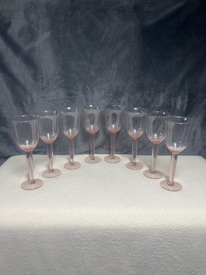 8 Vintage Pink Hand Blown Crystal Wine Glasses Very Delicate With Unique Stems