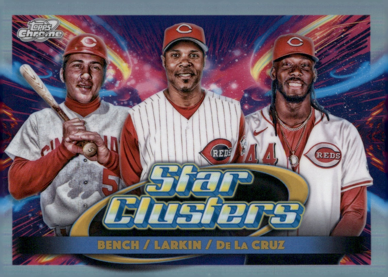 Elly De La Cruz / Johnny Bench / Barry Larkin #TSC-4 Baseball Cards 2025 Topps Cosmic Chrome Triple Star Clusters trading card — raw and PSA graded price guide