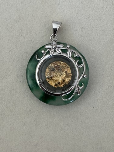 Green Round Stone Silver Tone Metal Bezel Charm Pendant Beauty Theme