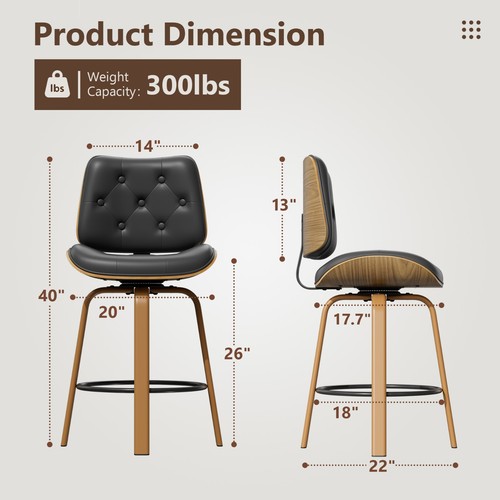 26" Black Counter Height Bar Stools with Low Back and Wood Leg Swivel Bar Chair - Picture 2 of 8