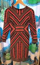 Vince Camuto Women's 4P Long Sleeve Dress Black Neon Orange Geometric