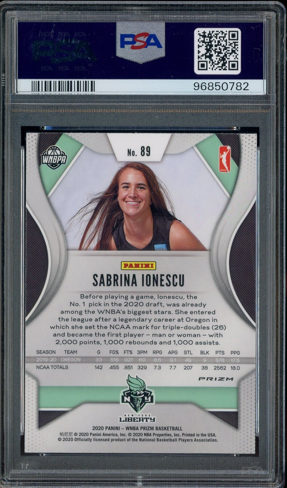 2020 Panini Prizm WNBA Silver Prizm #89 Sabrina Ionescu RC Rookie PSA 10 view 2