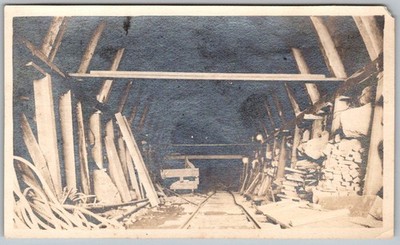 Vtg B&W Snapshot Underground Mine Tunnel With Tracks And Wood Supports 1930s