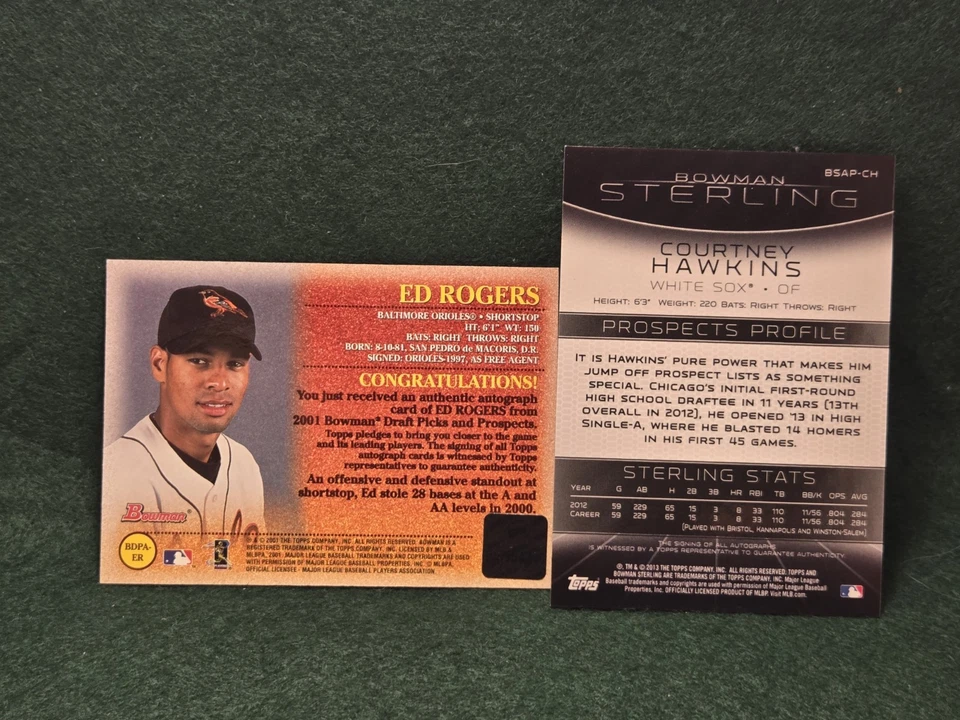 Lote de 2 tarjetas automáticas. Bowman Sterling Courtney Hawkins, Ed Rogers Foto 3 de 3