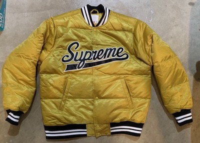 Gold Supreme Script Varsity Puffy Jacket Size Medium | eBay