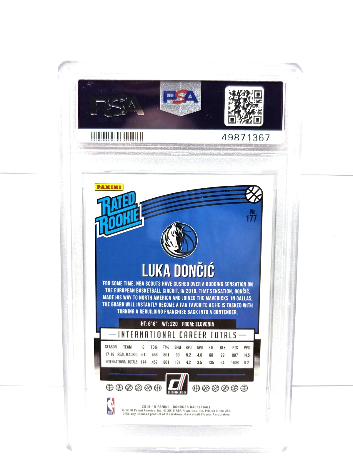 2018 Donruss Rated Rookie LUKA DONCIC RC Basketball Card PSA 9 MINT view 2