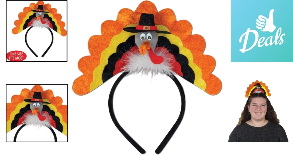 Diadema festiva de pavo 3D con detalles de plumas reales - Talla única (Acción de Gracias) Foto 2 de 4