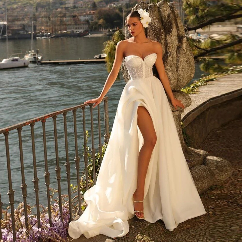 a line high slit wedding dress Unique A-line High Neck Lace Tulle Long Wedding Dresses with Slit –  BIZTUNNEL main image 1