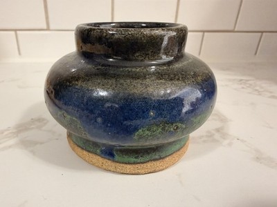 Vintage handmade Signed Studio Pottery Blue Glazed 3'' Vase -  cobalt/green