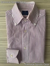 LUIGI BORRELLI M Button-Down Dress Shirt Cotton-Linen Striped White Purple