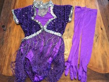 Dance Leotard Costume Outfit W/ Gloves,Purple  Silver,Sequined,Belt W/ Tassels