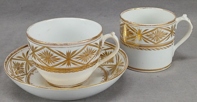 Miles Mason Gold Floral Diamonds Tea Cup Coffee Can & Saucer Trio C.1800-1815