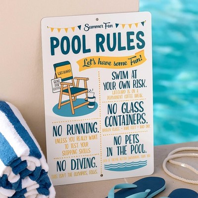 8x12 Funny Pool Rules Sign Summer Fun Aluminum White
