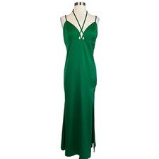 AQUA Women's Cocktail Dress Size 12 Green Satin Strappy Backless A-Line Midi