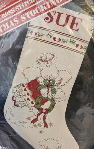 Vtg Christmas Stocking Cross Stitch Kit Bunny Angel #XCS-50533 Banar Designs New - Picture 2 of 5