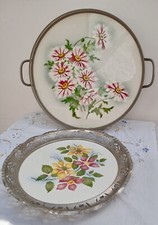 Round Ceramic and Silver Metal Serving Trays Art Deco Steingutfabrik Paetsch +1