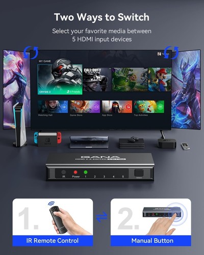 HDMI Switch 5 in 1 Out 4K@60Hz Switcher with Remote Aluminum HDMI 2.0 Hub for... - Picture 6 of 11