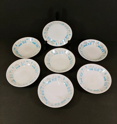 7x Vintage MCM Atomic Royal China BLUE HEAVEN Fruit Dessert Appt Bowls 5.5" Diam