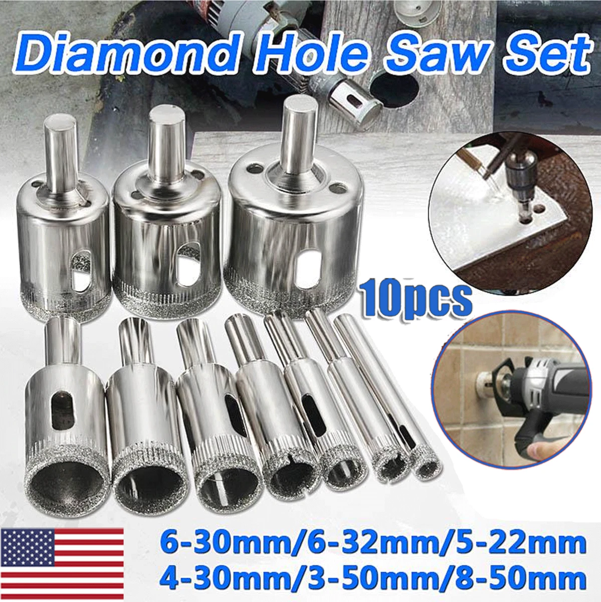 10pcs Diamond Hole Saw Kit Drill Bits Set Cutter Glass Ceramic Tile Porcelain
