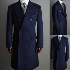 Men's Woolen Overcoat Formal Navy Suits Double Breasted Tuxedos Long Jackets