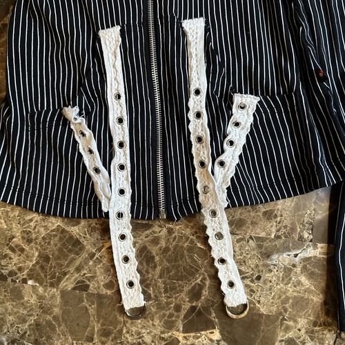 Tripp Skelanimals Pinstripe Jacket Sz L Skeleton Cat Black White Goth Grunge HTF - Picture 13 of 19