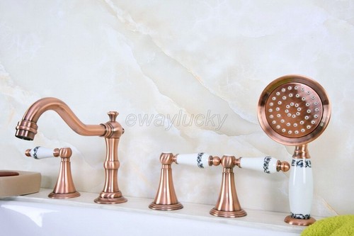 Grifo de latón para bañera romana de cobre rojo de 5 agujeros con spray de ducha de mano Wtf214 - Imagen 6 de 9