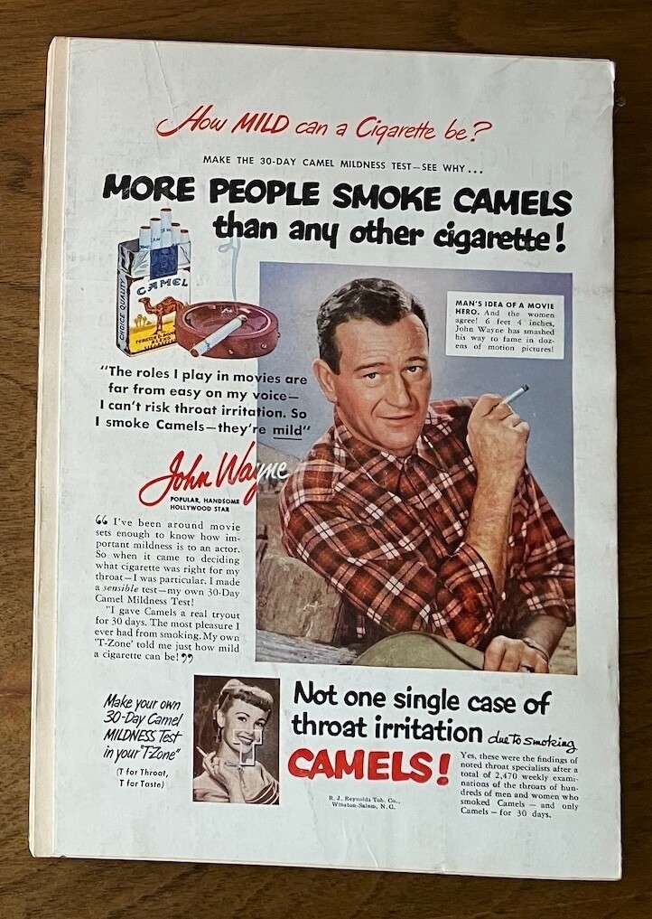 how many cigarettes a day did john wayne smoke 1954, Wayne, "CAMELS" Cigarette Ad (Scarce / Vintage) Popular Science March 1951 vintage