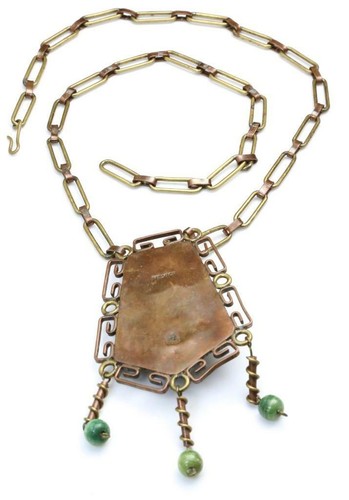 Vintage Statement Carved Malachite Mayan Aztec Warrior Necklace Copper Mexico - Picture 6 of 6
