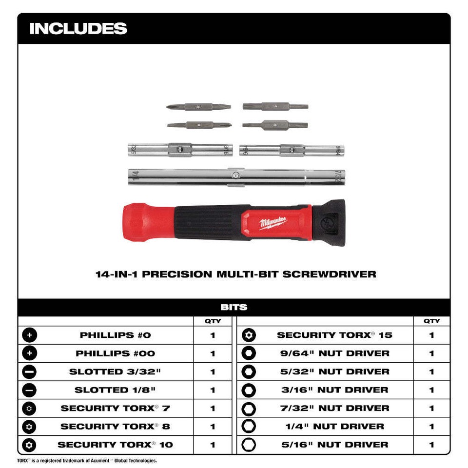 Milwaukee MIL 48 22 2933 14 IN 1 Precision Multi Bit Screwdriver