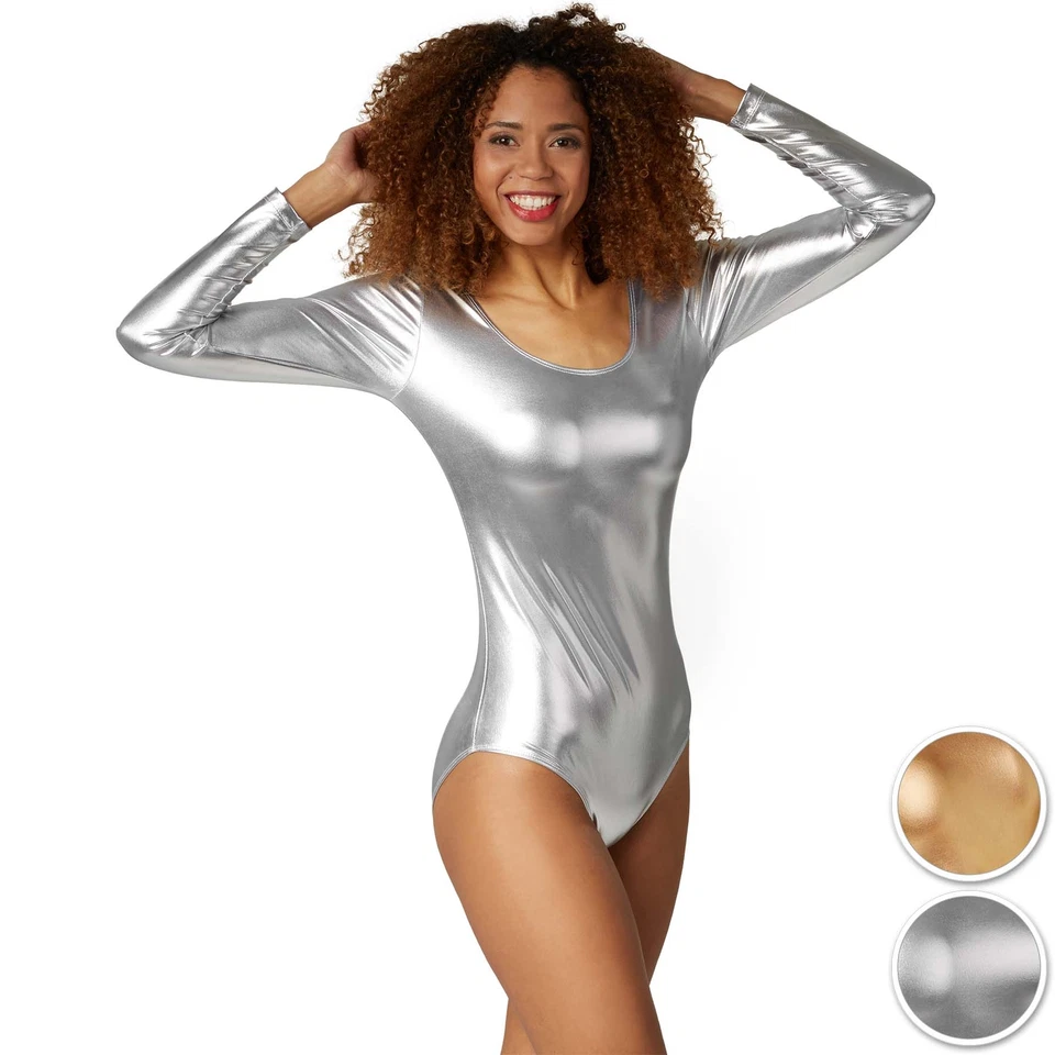 DRESSFORFUN Damen Body Metallic Wet Look Langarm Tanz Party Disco Kostüm Karneval Fasching