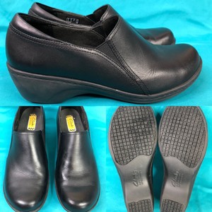 Womens-CLARKS-Slip-Resistant-Black-Leather-Loafers-Shoes-SIZE-8-5-M-EUR-39-5
