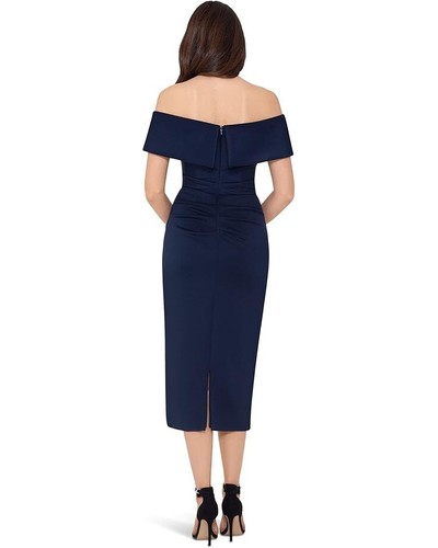 XSCAPE Scuba Crepe Over-the-Shoulder Side Ruched Dress Women's 8 Navy ERK763 - Picture 6 of 6