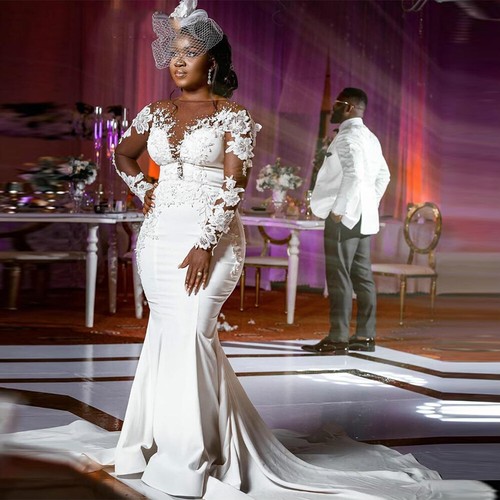 Afrikanische Meerjungfrau Brautkleider Satin Übergröße Spitze Langarm Brautkleider - Bild 2 von 6