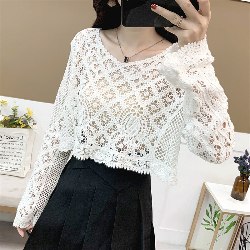 Lady Crochet Crop Tops Hollow Out Flower Long Sleeve Knitted