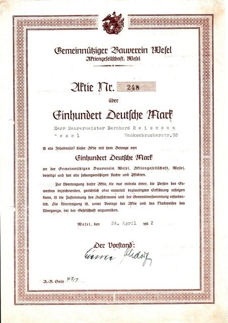 Gemeinnütziger Bauverein Wesel AG DM Namens Aktie 1952 Hausbau Niederrhein NRW Gemeinnütziger Bauverein Wesel AG DM Namens Aktie 1952 Hausbau Niederrhein NRW
