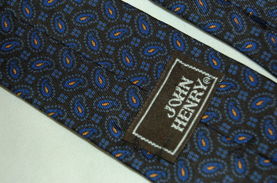 Vintage John Henry Navy Blue Paisley Skinny Silk Tie Made in USA - Image 3 of 4