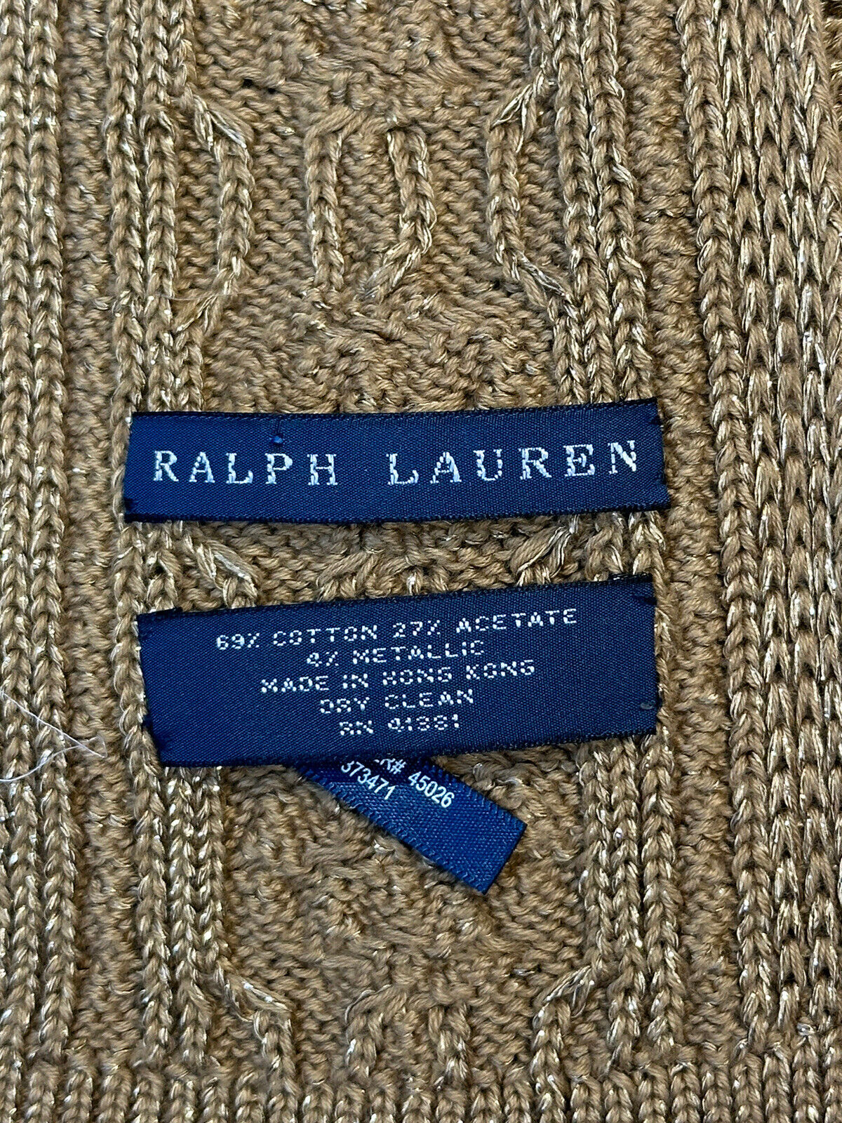 RALPH LAUREN Metallic Gold Cable Knit Scarf Blue … - image 3