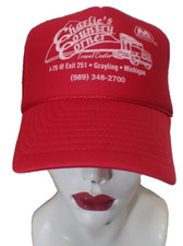 Vtg Red Mesh Snapback Trucker Hat Cap Charlie's Country Corner Grayling MI
